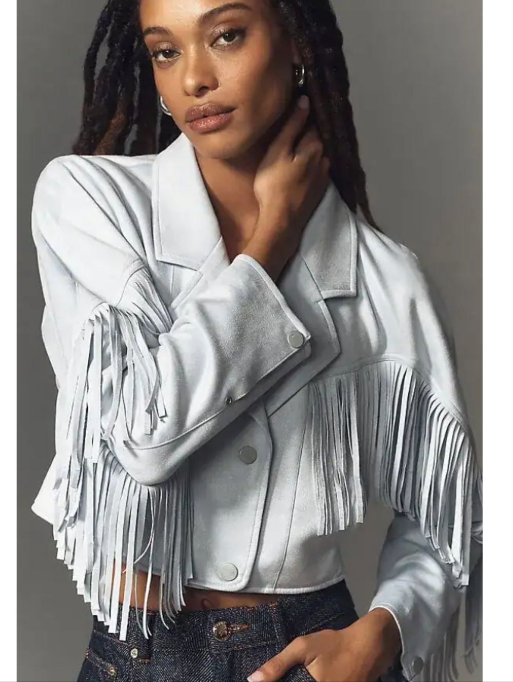 ANTHROPOLOGIE Pilcro Powder Blue Cropped Fringe Moto Jacket Runs Large NWT